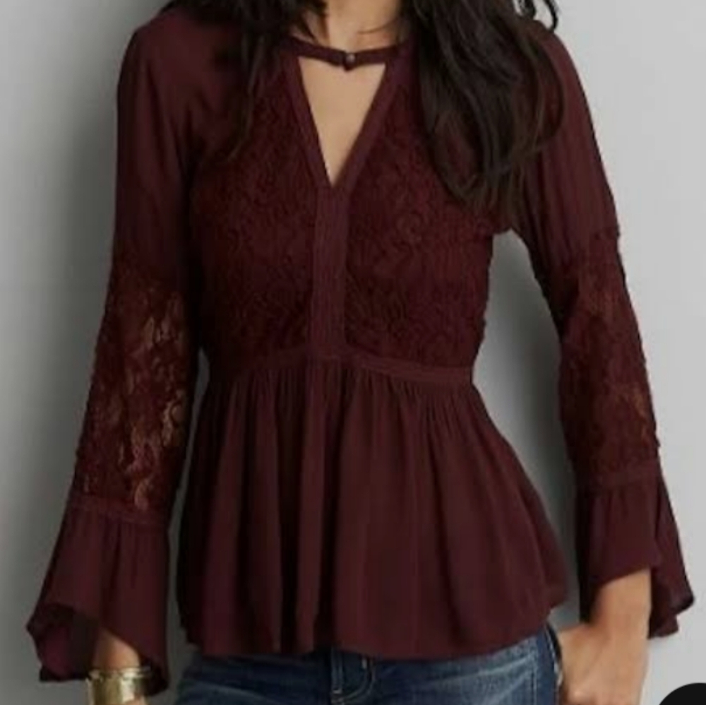 American Eagle Sheer Lace Panel Bell Sleeve V-Neck Flowy Peplum Blouse Wine Red - Picture 14 of 15